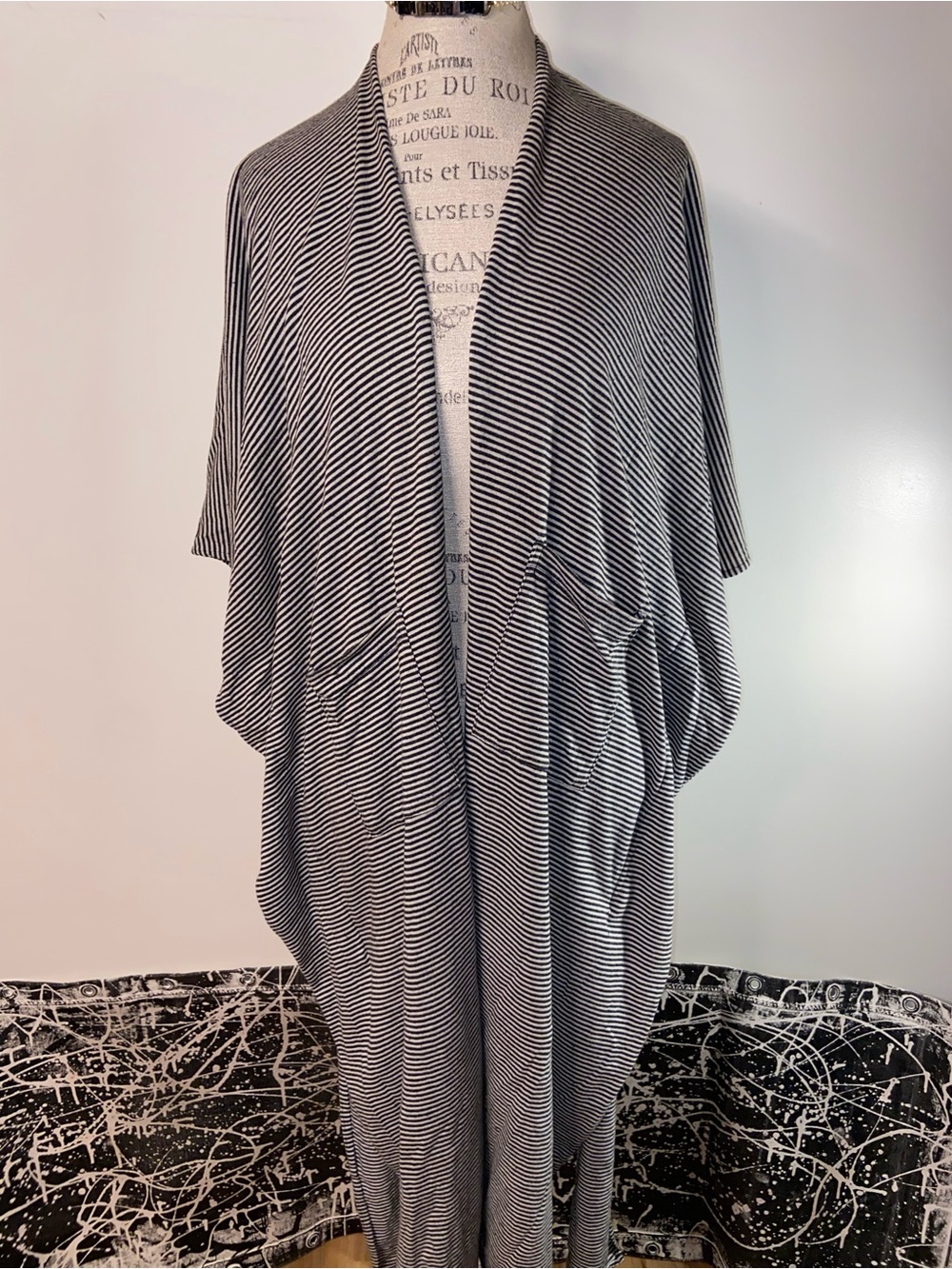 Striped Open-Front Draped Cardigan - Black & White